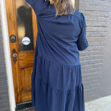 NAVY TEXTURED TIERED MIDI