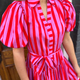 STRIPED BALLOON SLEEVE MIDI - PNK/RED
