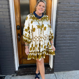 TRIBAL PRINT DRESS - MUSTARD GREEN