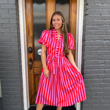 STRIPED BALLOON SLEEVE MIDI - PNK/RED
