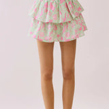 FLORAL TIERED MINI SKIRT - GREEN