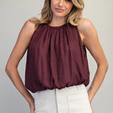 THE SLEEVELESS GATHERED BLOUSE- DEEP FIG