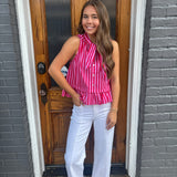 STRIPED PEPLUM TOP - RED/PNK