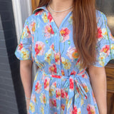 BUTTON FRONT FLORAL MIDI DRESS - LT BLUE