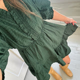 RUFFLE TRIM BABYDOLL DRESS - GREEN