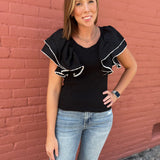 RUFFLE SLEEVE TOP - BLACK