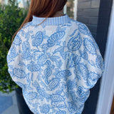 BOTANICAL PRINT MIXED TRIM TOP - BLUE