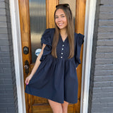 RUFFLE SLEEVE PINTUCK DRESS - NAVY