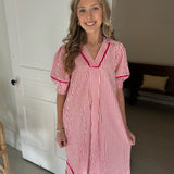 RASPBERRY MIDI DRESS W/STRIPES