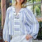 STRIPED V-NECK LS TOP - DENIM