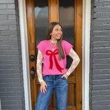 JOSIE BOUCLE BOW SWEATER - PINK
