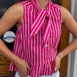 STRIPED PEPLUM TOP - RED/PNK