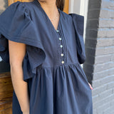 RUFFLE SLEEVE PINTUCK DRESS - NAVY