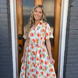 BUTTON FRONT FLORAL MIDI DRESS - CREAM