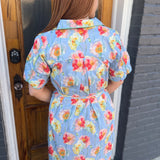 BUTTON FRONT FLORAL MIDI DRESS - LT BLUE