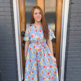 BUTTON FRONT FLORAL MIDI DRESS - LT BLUE