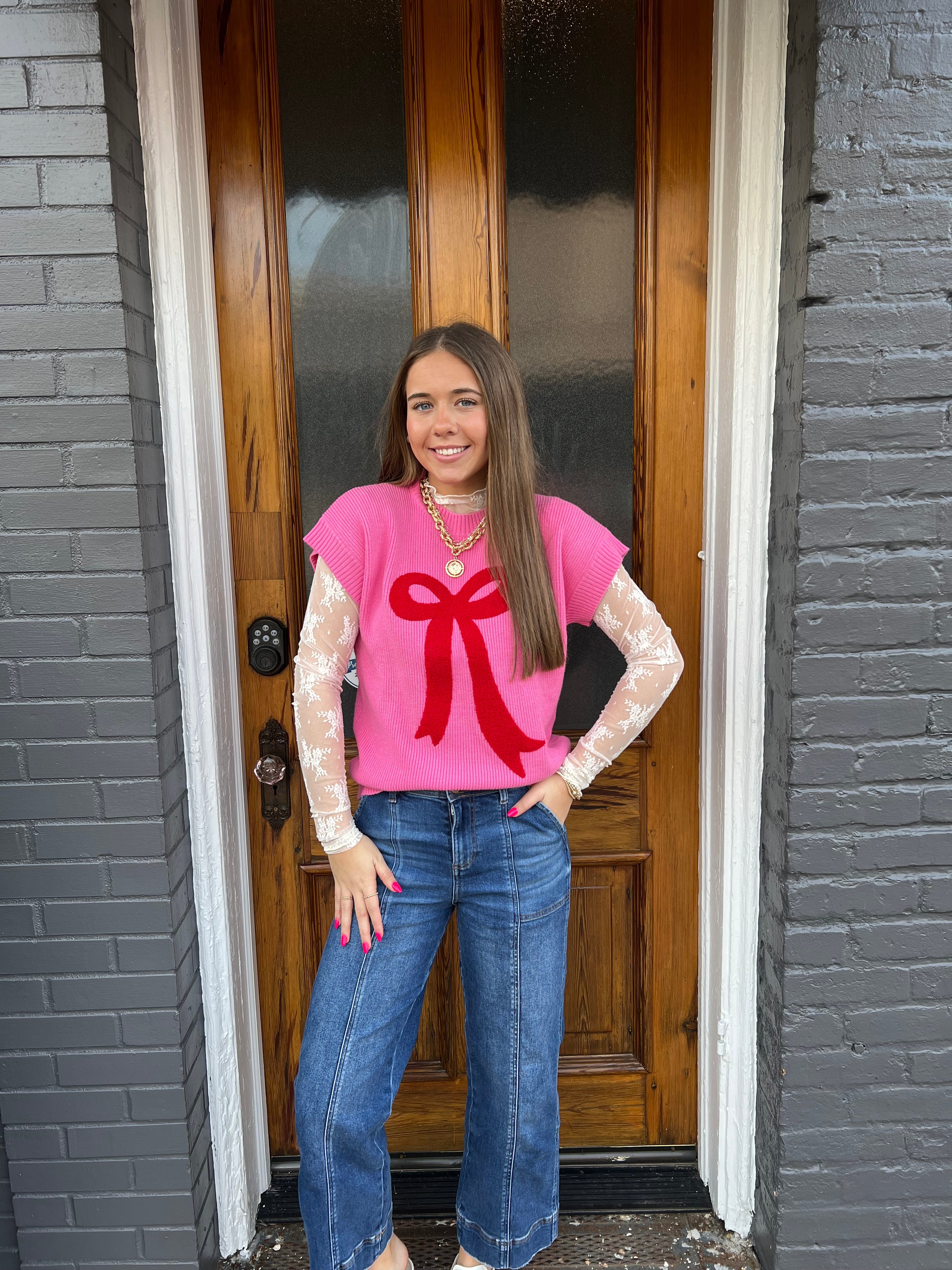 JOSIE BOUCLE BOW SWEATER - PINK