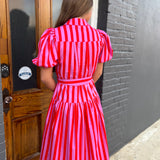 STRIPED BALLOON SLEEVE MIDI - PNK/RED