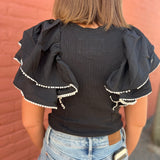 RUFFLE SLEEVE TOP - BLACK