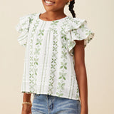 GIRLS BOTANICAL EMBROIDERED TOP - GREEN