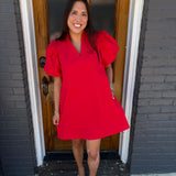 THE RED RUFFLE NECK MINI DRESS
