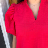 THE RED RUFFLE NECK MINI DRESS