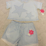 BLUE GINGHAM LACE TRIM SHORTS