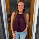 THE SLEEVELESS GATHERED BLOUSE- DEEP FIG