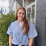 STRIPED BOW FRONT BLOUSE - COBALT