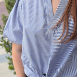 STRIPED BOW FRONT BLOUSE - COBALT