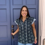 NAVY MIXED PRINT RUFFLE TIE TOP
