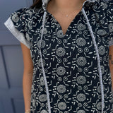 NAVY MIXED PRINT RUFFLE TIE TOP