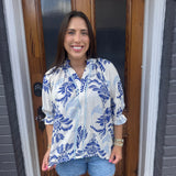 LEAFY DAMASK PRINT TOP - OCEAN