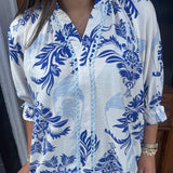 LEAFY DAMASK PRINT TOP - OCEAN