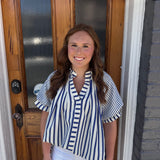 STRIPE V NECK TOP - BLUE