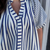 STRIPE V NECK TOP - BLUE